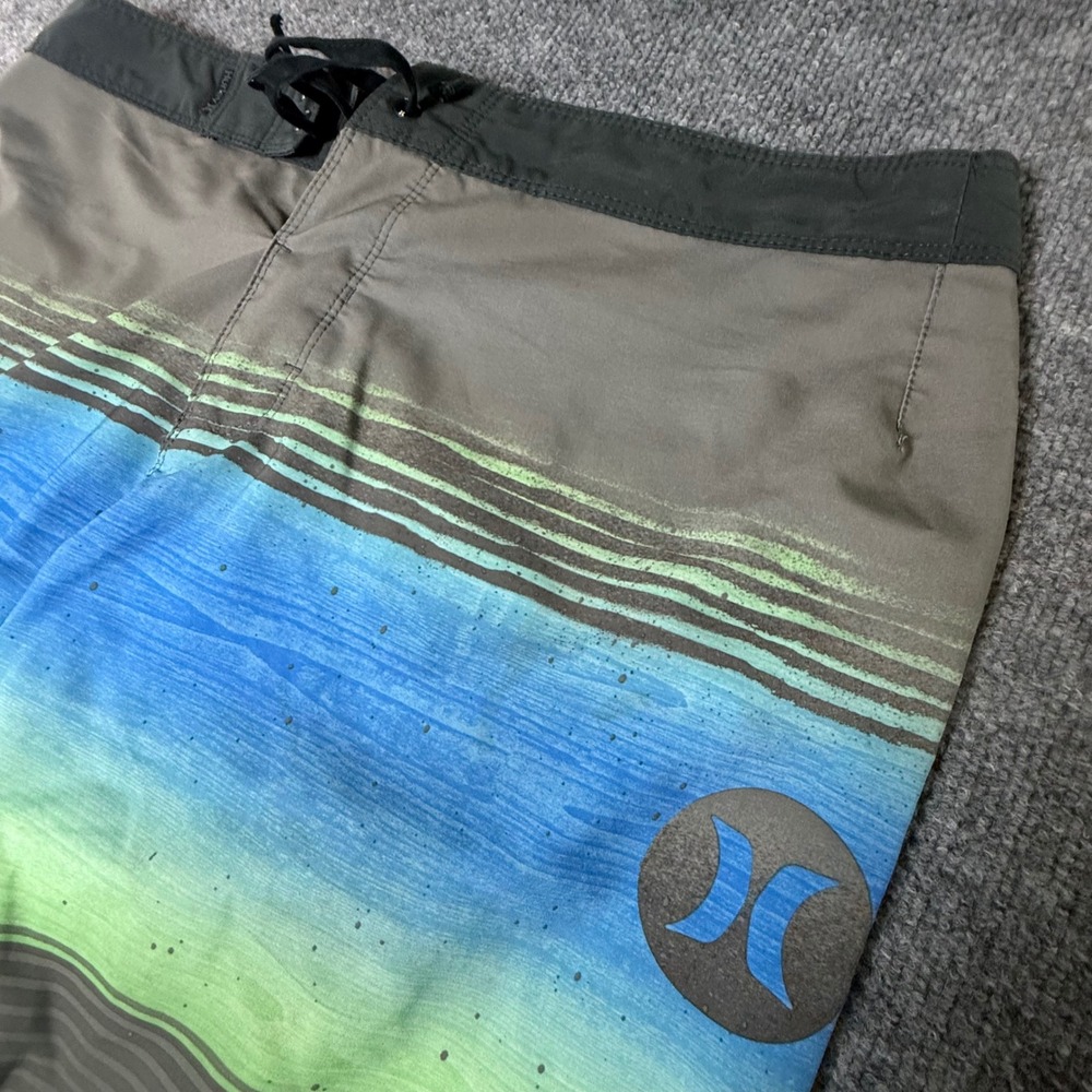 Hurley Mens‎ Board Shorts Size 32 Blue Green Grey Striped Swim Trunks